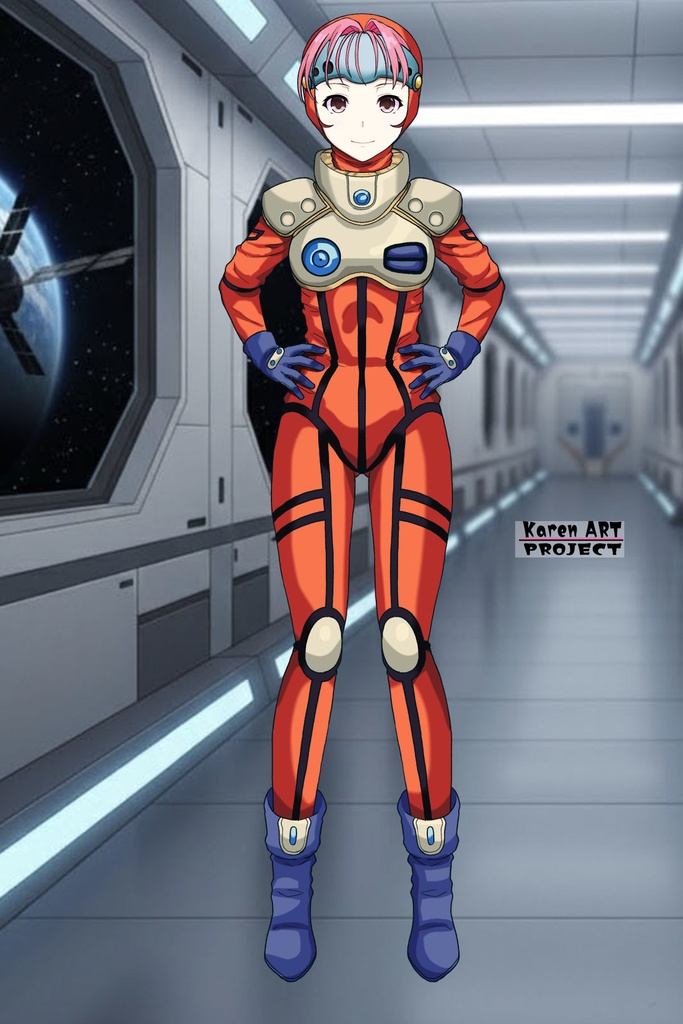 カレンちゃん+ミレーヌ・ジーナスのパイロットスーツ【マクロス7-09】 正面 Front Angle ロングヘア Long HairStyle Karen is wearing Mylene Flare Jenius's PilotSuit【MACROSS7-09】