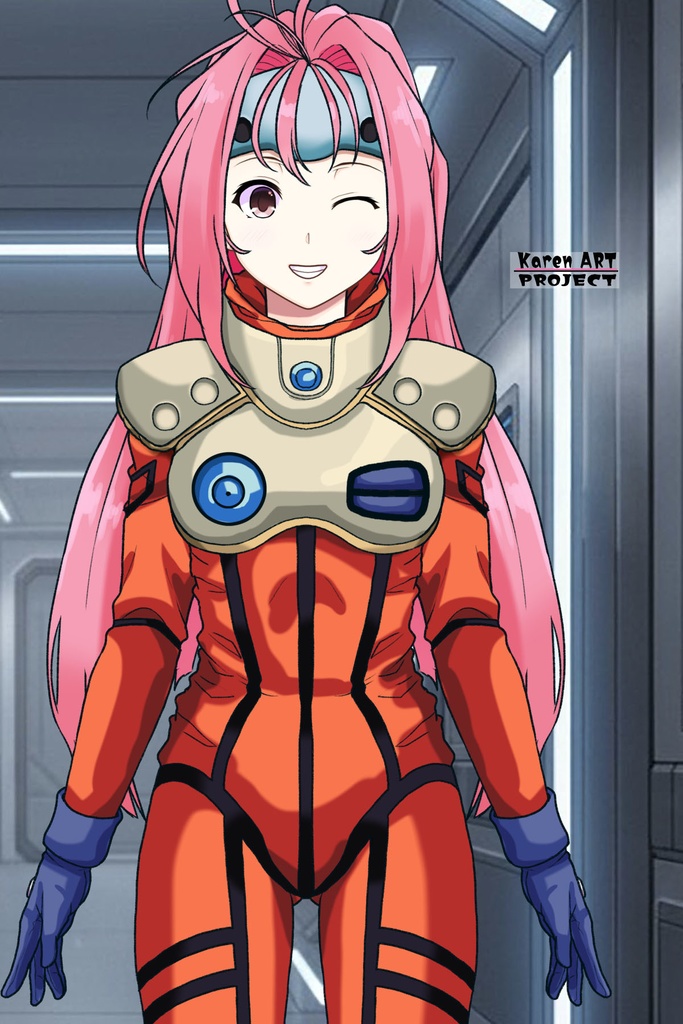 カレンちゃん+ミレーヌ・ジーナスのパイロットスーツ【マクロス7-09】 正面 Front Angle ロングヘア Long HairStyle Karen is wearing Mylene Flare Jenius's PilotSuit【MACROSS7-09】