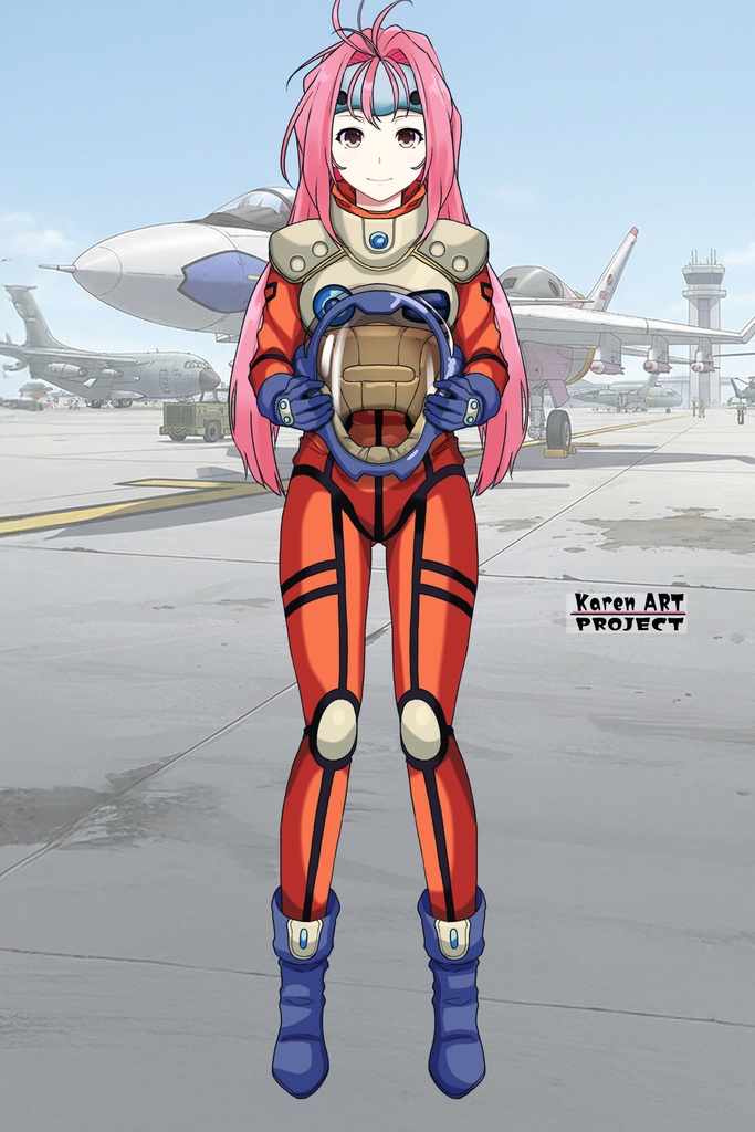 カレンちゃん+ミレーヌ・ジーナスのパイロットスーツ【マクロス7-09】 正面 Front Angle ロングヘア Long HairStyle Karen is wearing Mylene Flare Jenius's PilotSuit【MACROSS7-09】