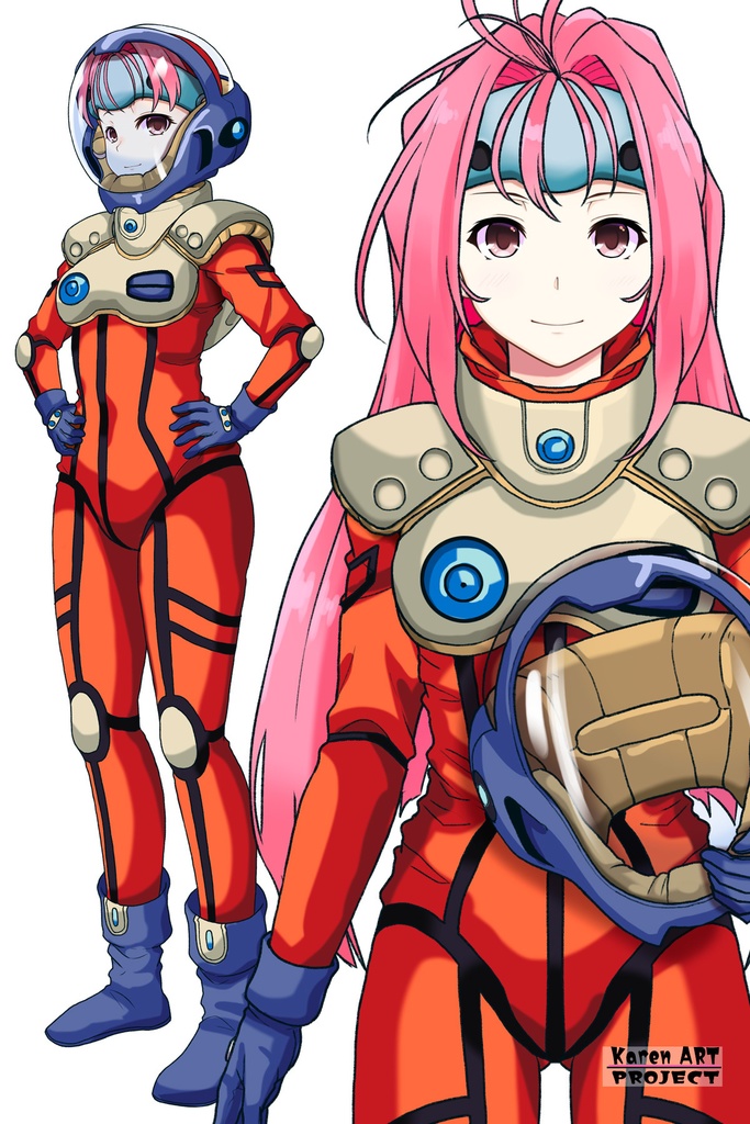 カレンちゃん+ミレーヌ・ジーナスのパイロットスーツ【マクロス7-09】 正面 Front Angle ロングヘア Long HairStyle Karen is wearing Mylene Flare Jenius's PilotSuit【MACROSS7-09】