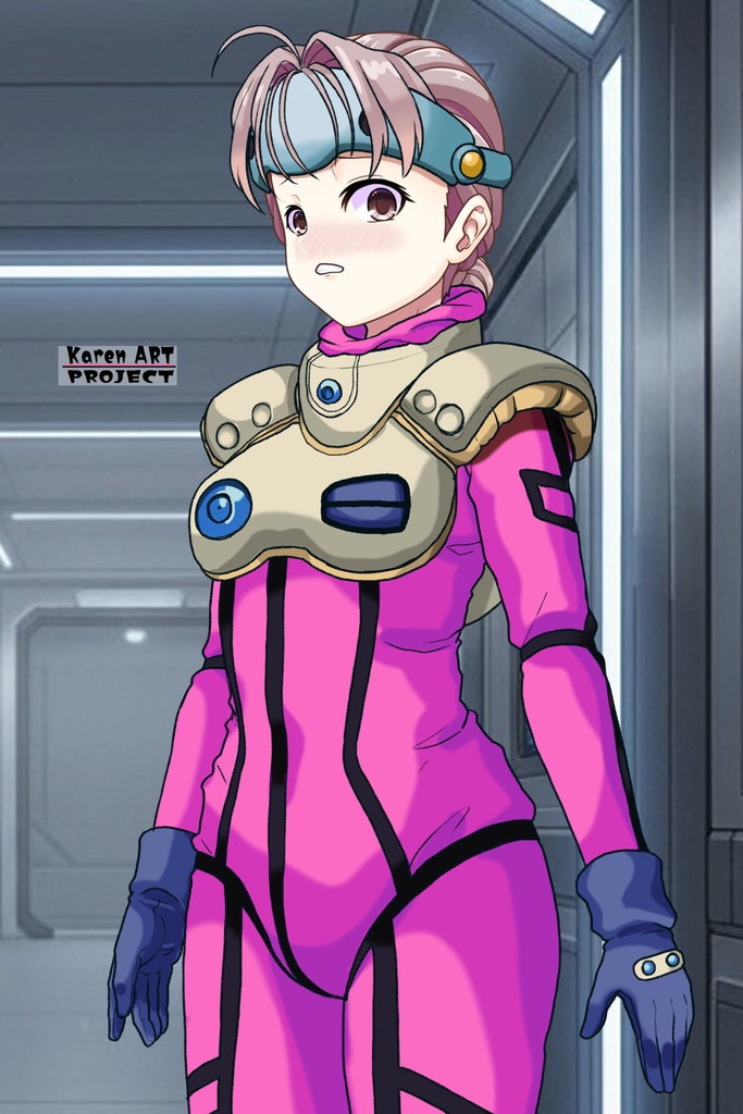 カレンちゃん+ミレーヌ・ジーナスのパイロットスーツ【マクロス7-01】 Karen Original Color 斜め前 Diagonal front angle Karen is wearing Mylene Flare Jenius's PilotSuit【MACROSS7-01】