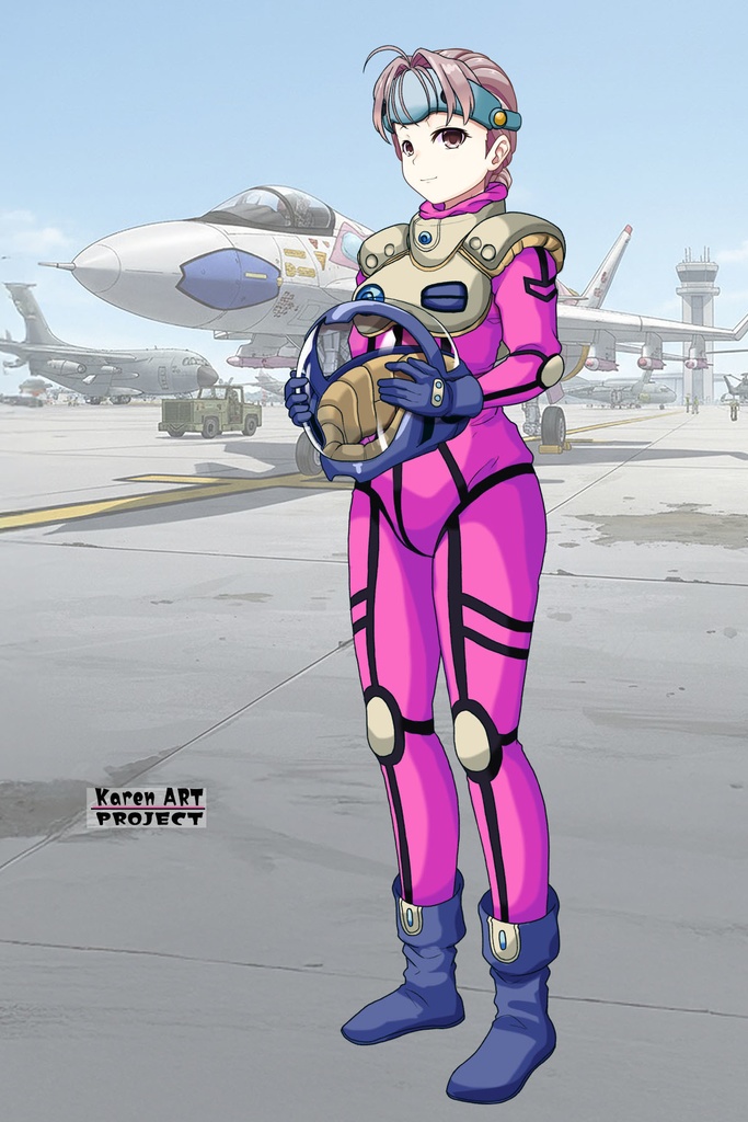 カレンちゃん+ミレーヌ・ジーナスのパイロットスーツ【マクロス7-01】 Karen Original Color 斜め前 Diagonal front angle Karen is wearing Mylene Flare Jenius's PilotSuit【MACROSS7-01】