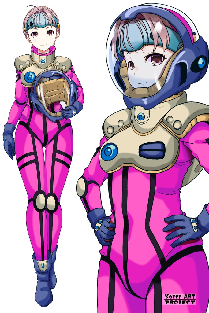 カレンちゃん+ミレーヌ・ジーナスのパイロットスーツ【マクロス7-01】 Karen Original Color 斜め前 Diagonal front angle Karen is wearing Mylene Flare Jenius's PilotSuit【MACROSS7-01】