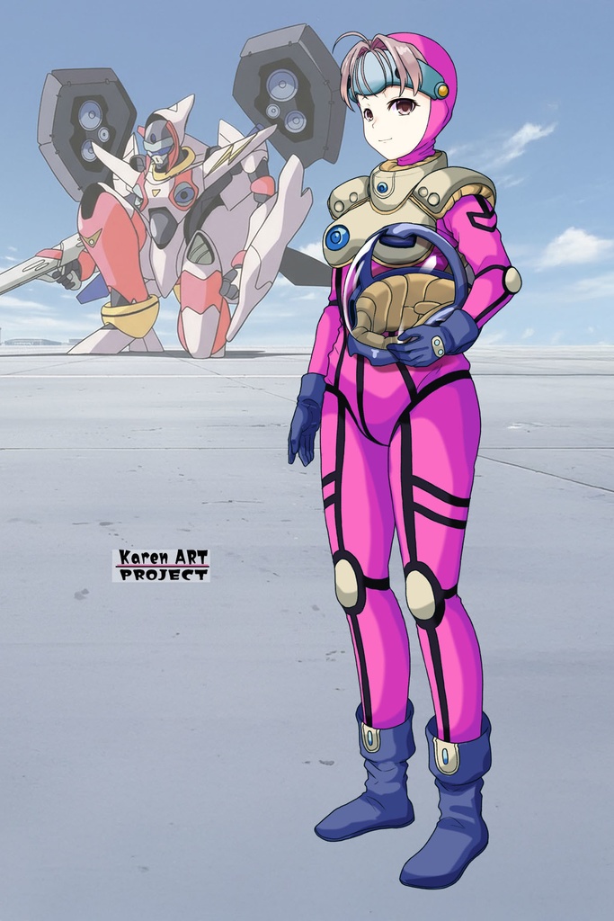 カレンちゃん+ミレーヌ・ジーナスのパイロットスーツ【マクロス7-01】 Karen Original Color 斜め前 Diagonal front angle Karen is wearing Mylene Flare Jenius's PilotSuit【MACROSS7-01】
