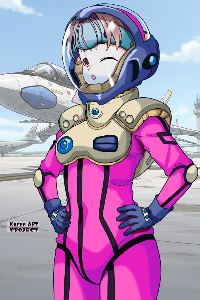 カレンちゃん+ミレーヌ・ジーナスのパイロットスーツ【マクロス7-01】 Karen Original Color 斜め前 Diagonal front angle Karen is wearing Mylene Flare Jenius's PilotSuit【MACROSS7-01】