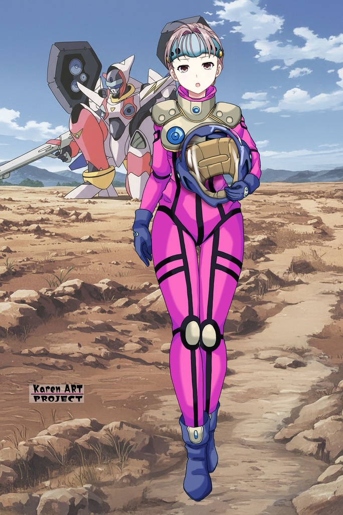 カレンちゃん+ミレーヌ・ジーナスのパイロットスーツ【マクロス7-03】 Karen Original Color 正面Sポーズ Front S-POSE Karen is wearing Mylene Flare Jenius's PilotSuit【MACROSS7-03】