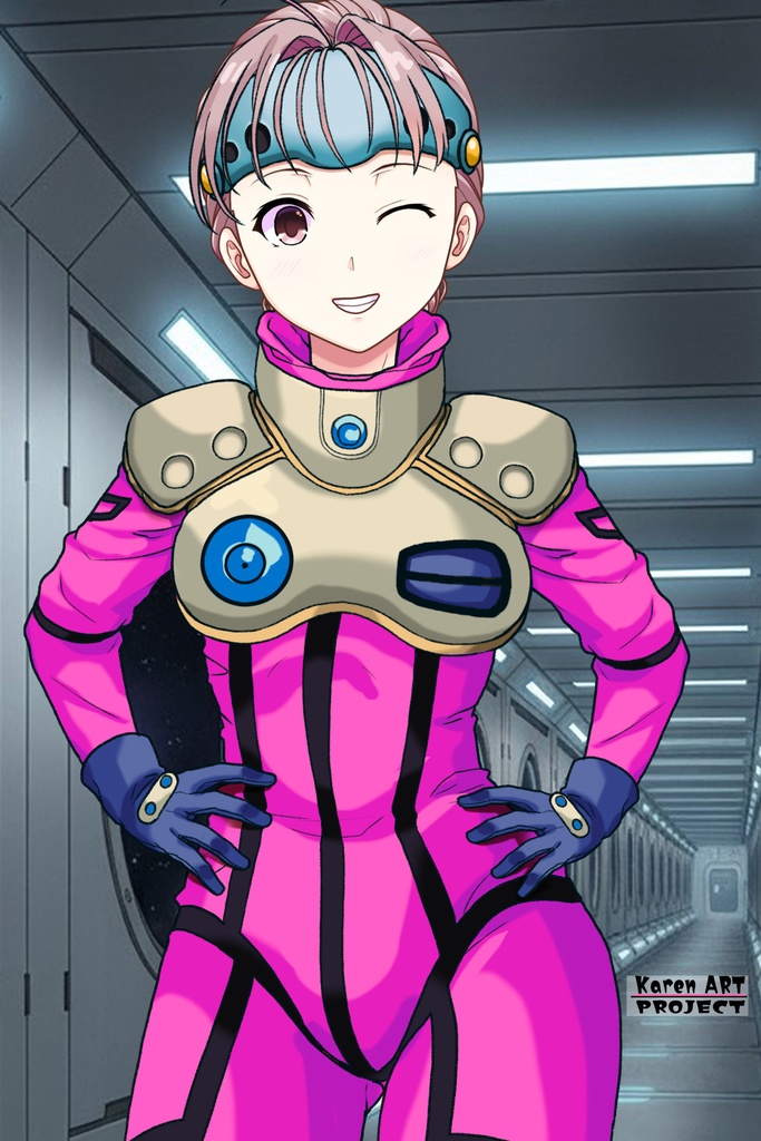 カレンちゃん+ミレーヌ・ジーナスのパイロットスーツ【マクロス7-03】 Karen Original Color 正面Sポーズ Front S-POSE Karen is wearing Mylene Flare Jenius's PilotSuit【MACROSS7-03】