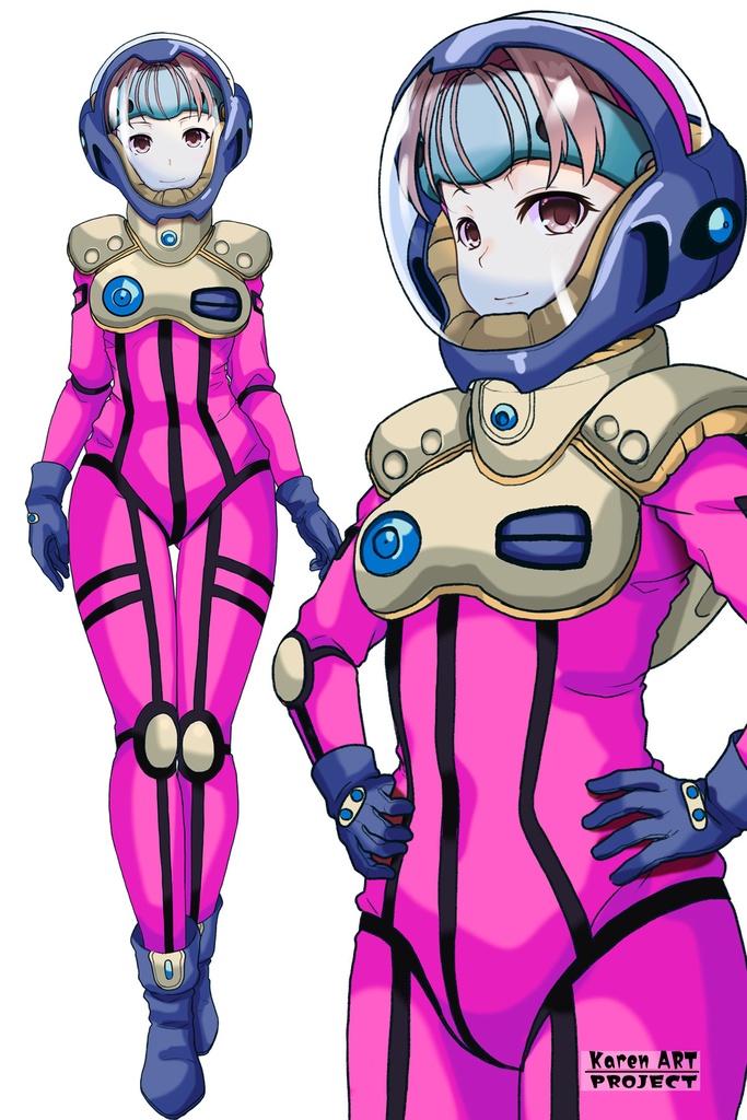 カレンちゃん+ミレーヌ・ジーナスのパイロットスーツ【マクロス7-05】 Karen Original Color 斜め前 Diagonal front angle ロングヘア Long HairStyle Karen is wearing Mylene Flare Jenius's PilotSuit【MACROSS7-05】