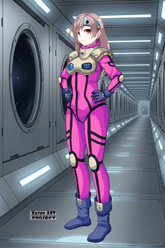 カレンちゃん+ミレーヌ・ジーナスのパイロットスーツ【マクロス7-05】 Karen Original Color 斜め前 Diagonal front angle ロングヘア Long HairStyle Karen is wearing Mylene Flare Jenius's PilotSuit【MACROSS7-05】