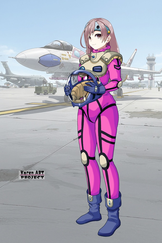 カレンちゃん+ミレーヌ・ジーナスのパイロットスーツ【マクロス7-05】 Karen Original Color 斜め前 Diagonal front angle ロングヘア Long HairStyle Karen is wearing Mylene Flare Jenius's PilotSuit【MACROSS7-05】