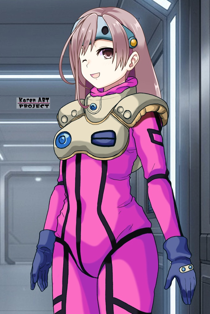 カレンちゃん+ミレーヌ・ジーナスのパイロットスーツ【マクロス7-05】 Karen Original Color 斜め前 Diagonal front angle ロングヘア Long HairStyle Karen is wearing Mylene Flare Jenius's PilotSuit【MACROSS7-05】