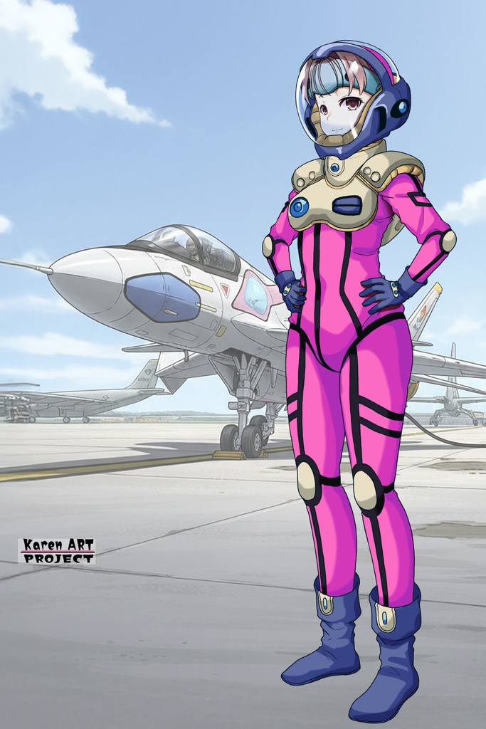 カレンちゃん+ミレーヌ・ジーナスのパイロットスーツ【マクロス7-05】 Karen Original Color 斜め前 Diagonal front angle ロングヘア Long HairStyle Karen is wearing Mylene Flare Jenius's PilotSuit【MACROSS7-05】