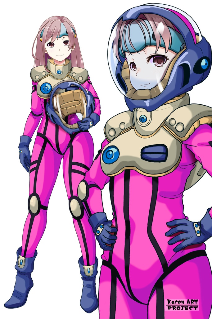 カレンちゃん+ミレーヌ・ジーナスのパイロットスーツ【マクロス7-05】 Karen Original Color 斜め前 Diagonal front angle ロングヘア Long HairStyle Karen is wearing Mylene Flare Jenius's PilotSuit【MACROSS7-05】