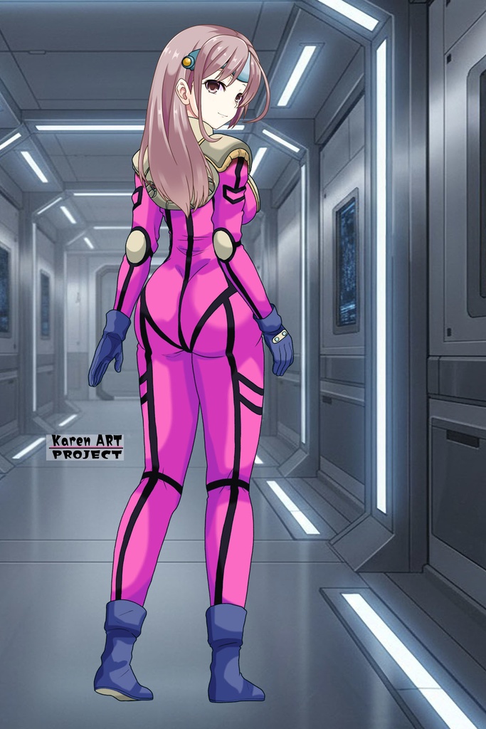 カレンちゃん+ミレーヌ・ジーナスのパイロットスーツ【マクロス7-06】 Karen Original Color 背面 Back Angle ロングヘア Long HairStyle Karen is wearing Mylene Flare Jenius's PilotSuit【MACROSS7-06】