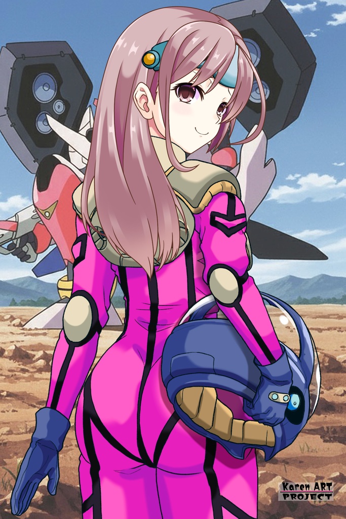 カレンちゃん+ミレーヌ・ジーナスのパイロットスーツ【マクロス7-06】 Karen Original Color 背面 Back Angle ロングヘア Long HairStyle Karen is wearing Mylene Flare Jenius's PilotSuit【MACROSS7-06】