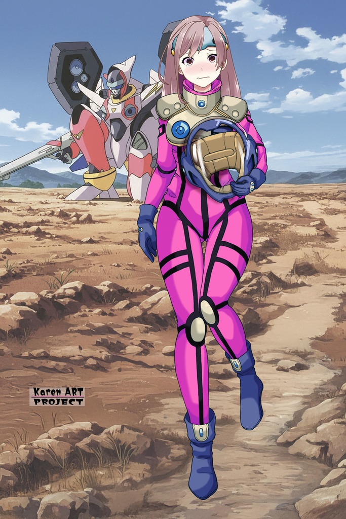 カレンちゃん+ミレーヌ・ジーナスのパイロットスーツ【マクロス7-07】 Karen Original Color 正面Sポーズ Front S-POSE ロングヘア Long HairStyle Karen is wearing Mylene Flare Jenius's PilotSuit【MACROSS7-07】