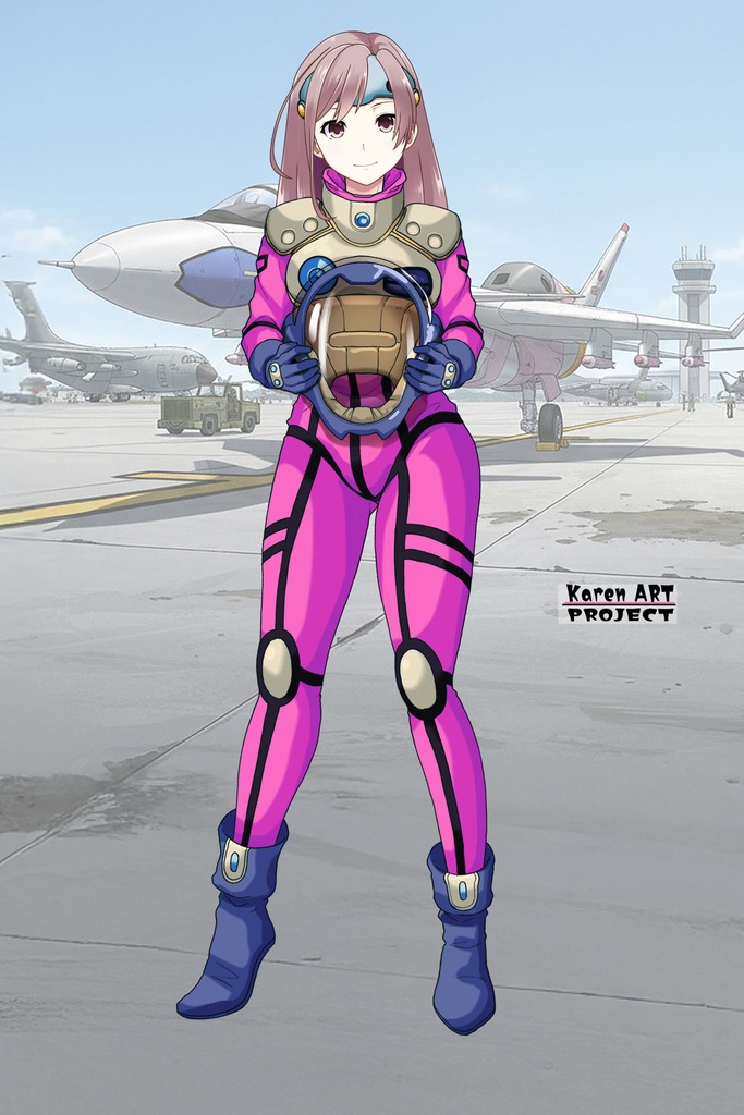 カレンちゃん+ミレーヌ・ジーナスのパイロットスーツ【マクロス7-07】 Karen Original Color 正面Sポーズ Front S-POSE ロングヘア Long HairStyle Karen is wearing Mylene Flare Jenius's PilotSuit【MACROSS7-07】