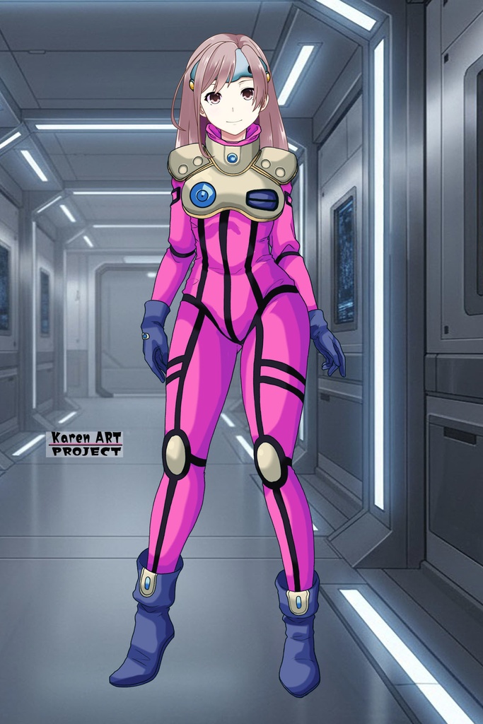 カレンちゃん+ミレーヌ・ジーナスのパイロットスーツ【マクロス7-07】 Karen Original Color 正面Sポーズ Front S-POSE ロングヘア Long HairStyle Karen is wearing Mylene Flare Jenius's PilotSuit【MACROSS7-07】