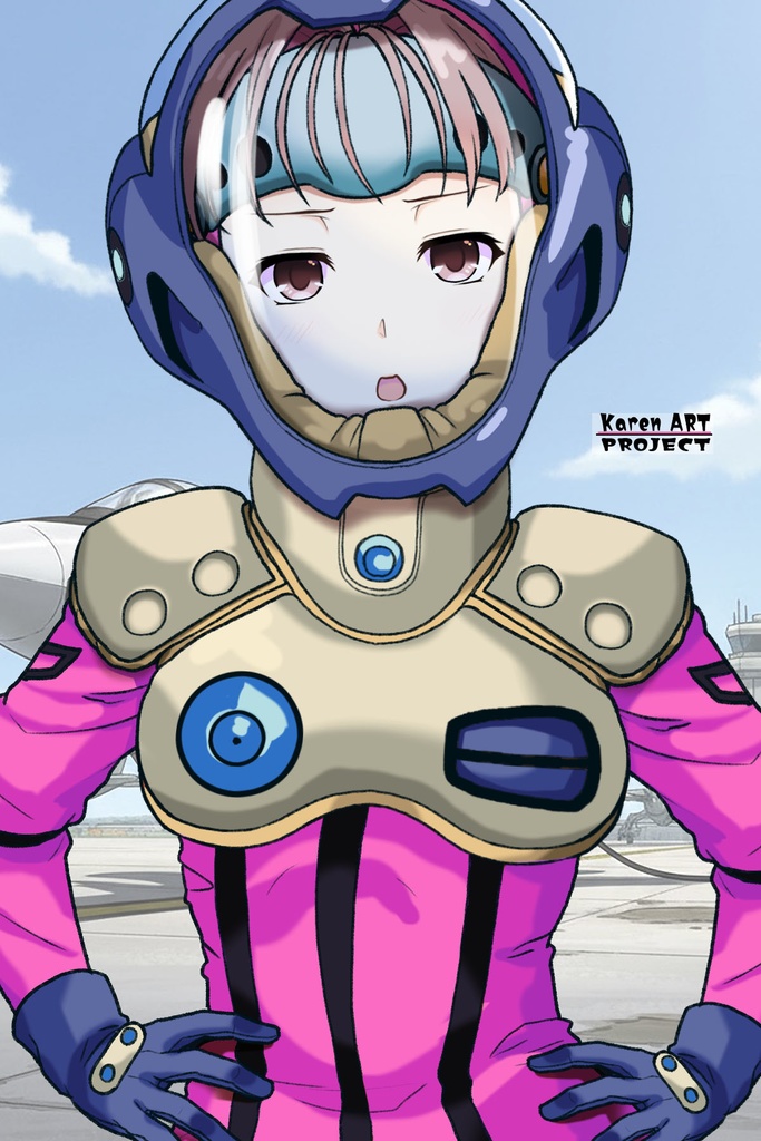 カレンちゃん+ミレーヌ・ジーナスのパイロットスーツ【マクロス7-07】 Karen Original Color 正面Sポーズ Front S-POSE ロングヘア Long HairStyle Karen is wearing Mylene Flare Jenius's PilotSuit【MACROSS7-07】