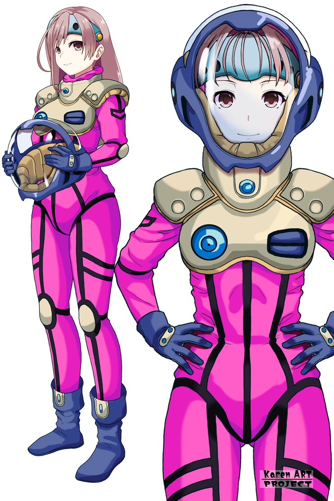 カレンちゃん+ミレーヌ・ジーナスのパイロットスーツ【マクロス7-08】 Karen Original Color 正面 Front Angle ロングヘア Long HairStyle Karen is wearing Mylene Flare Jenius's PilotSuit【MACROSS7-08】