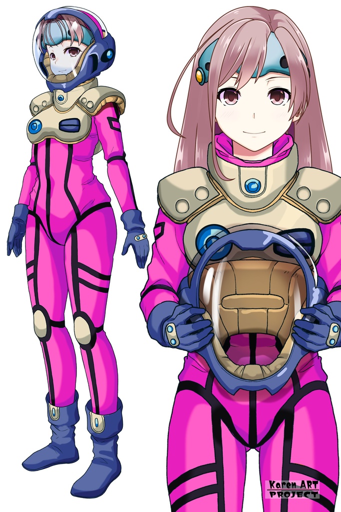 カレンちゃん+ミレーヌ・ジーナスのパイロットスーツ【マクロス7-08】 Karen Original Color 正面 Front Angle ロングヘア Long HairStyle Karen is wearing Mylene Flare Jenius's PilotSuit【MACROSS7-08】