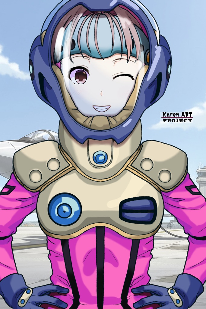 カレンちゃん+ミレーヌ・ジーナスのパイロットスーツ【マクロス7-08】 Karen Original Color 正面 Front Angle ロングヘア Long HairStyle Karen is wearing Mylene Flare Jenius's PilotSuit【MACROSS7-08】