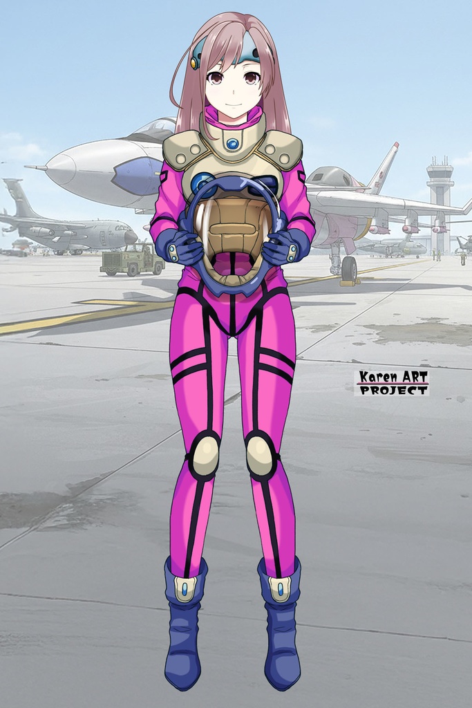 カレンちゃん+ミレーヌ・ジーナスのパイロットスーツ【マクロス7-08】 Karen Original Color 正面 Front Angle ロングヘア Long HairStyle Karen is wearing Mylene Flare Jenius's PilotSuit【MACROSS7-08】