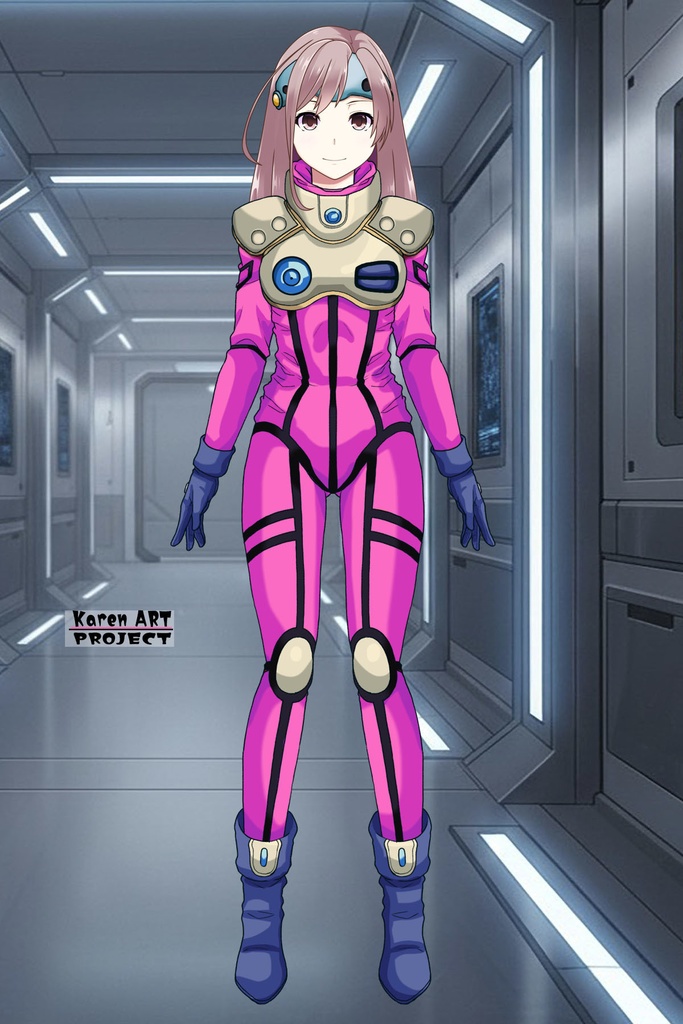 カレンちゃん+ミレーヌ・ジーナスのパイロットスーツ【マクロス7-08】 Karen Original Color 正面 Front Angle ロングヘア Long HairStyle Karen is wearing Mylene Flare Jenius's PilotSuit【MACROSS7-08】