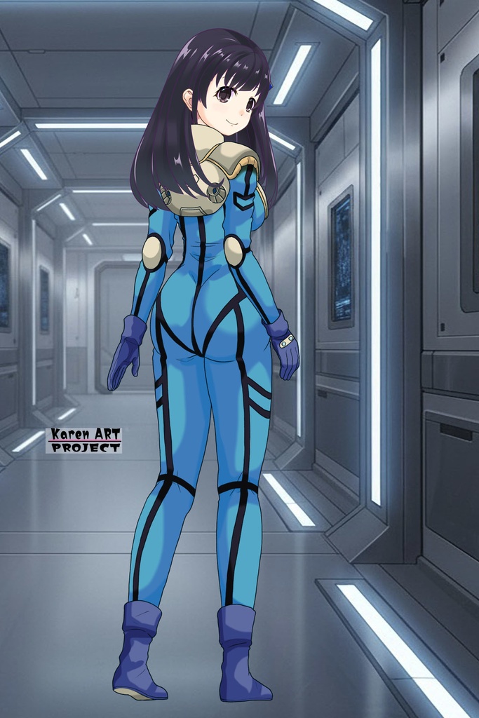 ゆりちゃん+ミレーヌ・ジーナスのパイロットスーツ【マクロス7-06】 Yuri Original Color 背面 Back Angle ロングヘア Long HairStyle Yuri is wearing Mylene Flare Jenius's PilotSuit【MACROSS7-06】