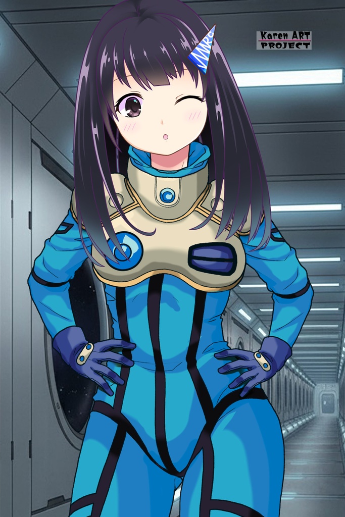 ゆりちゃん+ミレーヌ・ジーナスのパイロットスーツ【マクロス7-07】 Yuri Original Color 正面Sポーズ Front S-POSE ロングヘア Long HairStyle Yuri is wearing Mylene Flare Jenius's PilotSuit【MACROSS7-07】