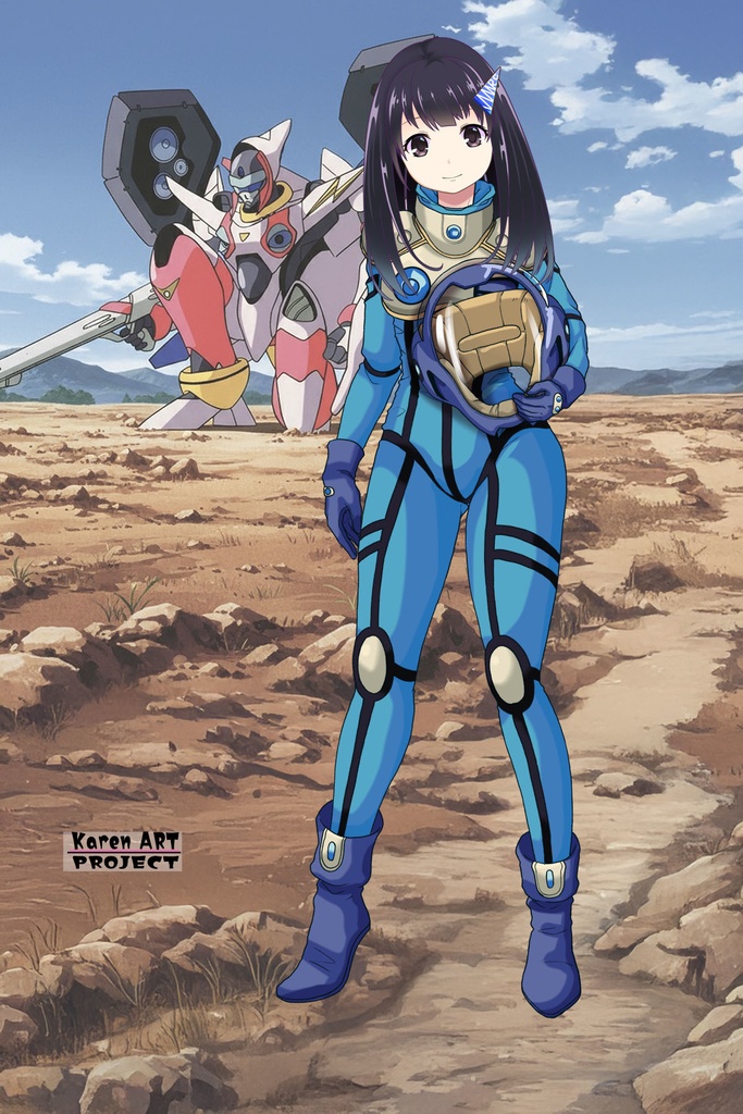 ゆりちゃん+ミレーヌ・ジーナスのパイロットスーツ【マクロス7-07】 Yuri Original Color 正面Sポーズ Front S-POSE ロングヘア Long HairStyle Yuri is wearing Mylene Flare Jenius's PilotSuit【MACROSS7-07】