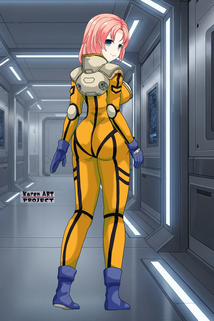 亜美ちゃん+ミレーヌ・ジーナスのパイロットスーツ【マクロス7-06】 Ami Original Color 背面 Back Angle ロングヘア Long HairStyle Ami is wearing Mylene Flare Jenius's PilotSuit【MACROSS7-06】