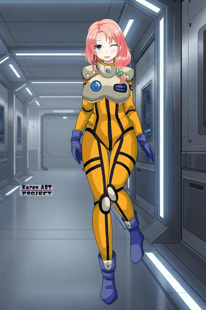 亜美ちゃん+ミレーヌ・ジーナスのパイロットスーツ【マクロス7-07】 Ami Original Color 正面Sポーズ Front S-POSE ロングヘア Long HairStyle Ami is wearing Mylene Flare Jenius's PilotSuit【MACROSS7-07】