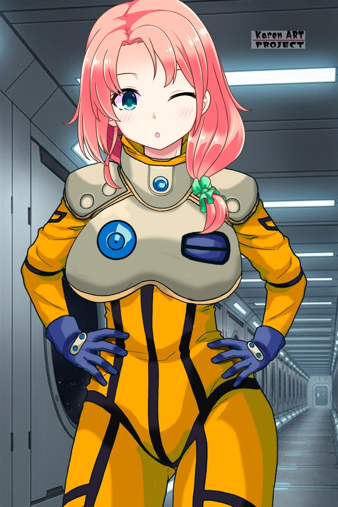 亜美ちゃん+ミレーヌ・ジーナスのパイロットスーツ【マクロス7-07】 Ami Original Color 正面Sポーズ Front S-POSE ロングヘア Long HairStyle Ami is wearing Mylene Flare Jenius's PilotSuit【MACROSS7-07】