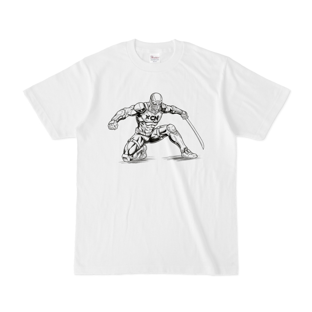 【白黒線画】「サイバーニンジャ」Tシャツ - 白 / "Cyber Ninja" B&W Line Art T-Shirt