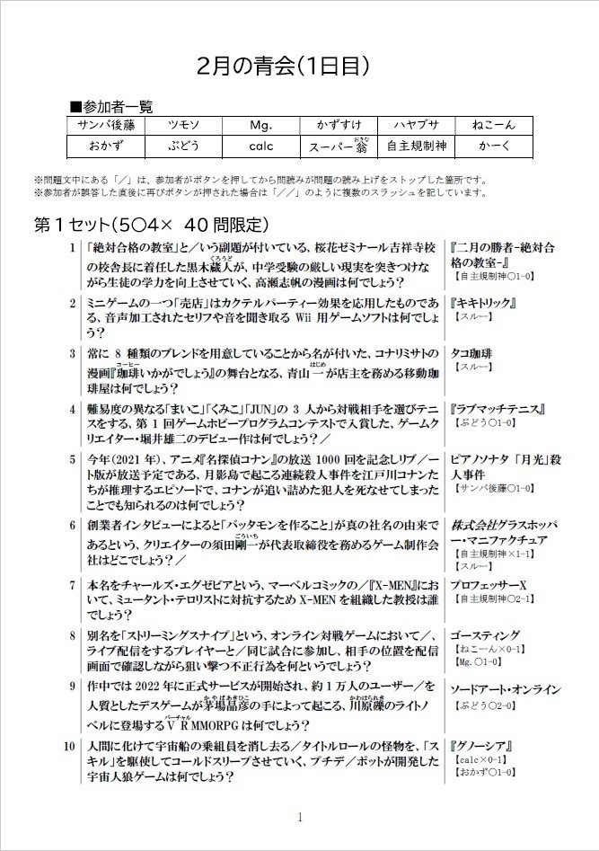 「2月の青会」問題集&記録集