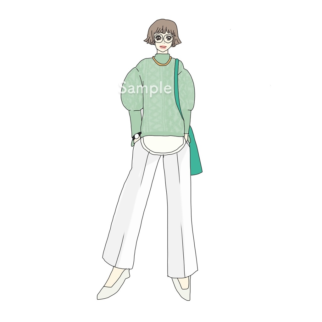 ケーブルニットセットコーデ【F】パステルグリーン【ファッションイラストDL】
