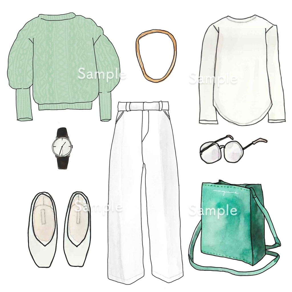 ケーブルニットセットコーデ【F】パステルグリーン【ファッションイラストDL】