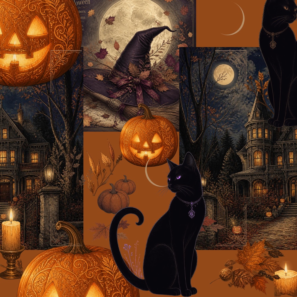 ハロウィン　かぼちゃ　黒猫　デジタルペーパー｜背景素材　ラッピング　手帳　壁紙