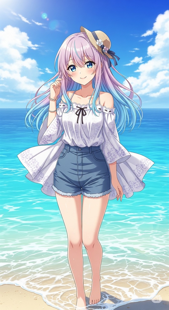 夏の陽だまりと海辺の彼女 – オリジナルイラストセット 商用利用可