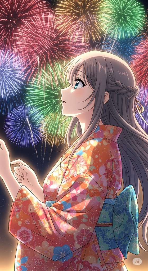花火を見る美少女　イラストセット　商用利用可　加工自由