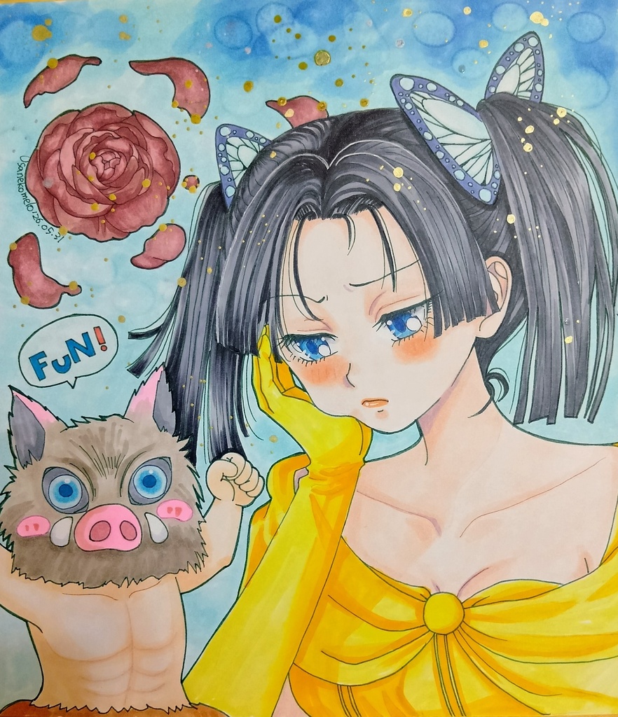 色紙原画「神崎アオイ、嘴平伊之助×美女と野獣」
