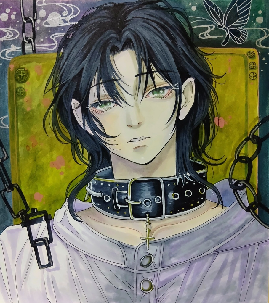直筆アナログイラスト色紙　拘束された男