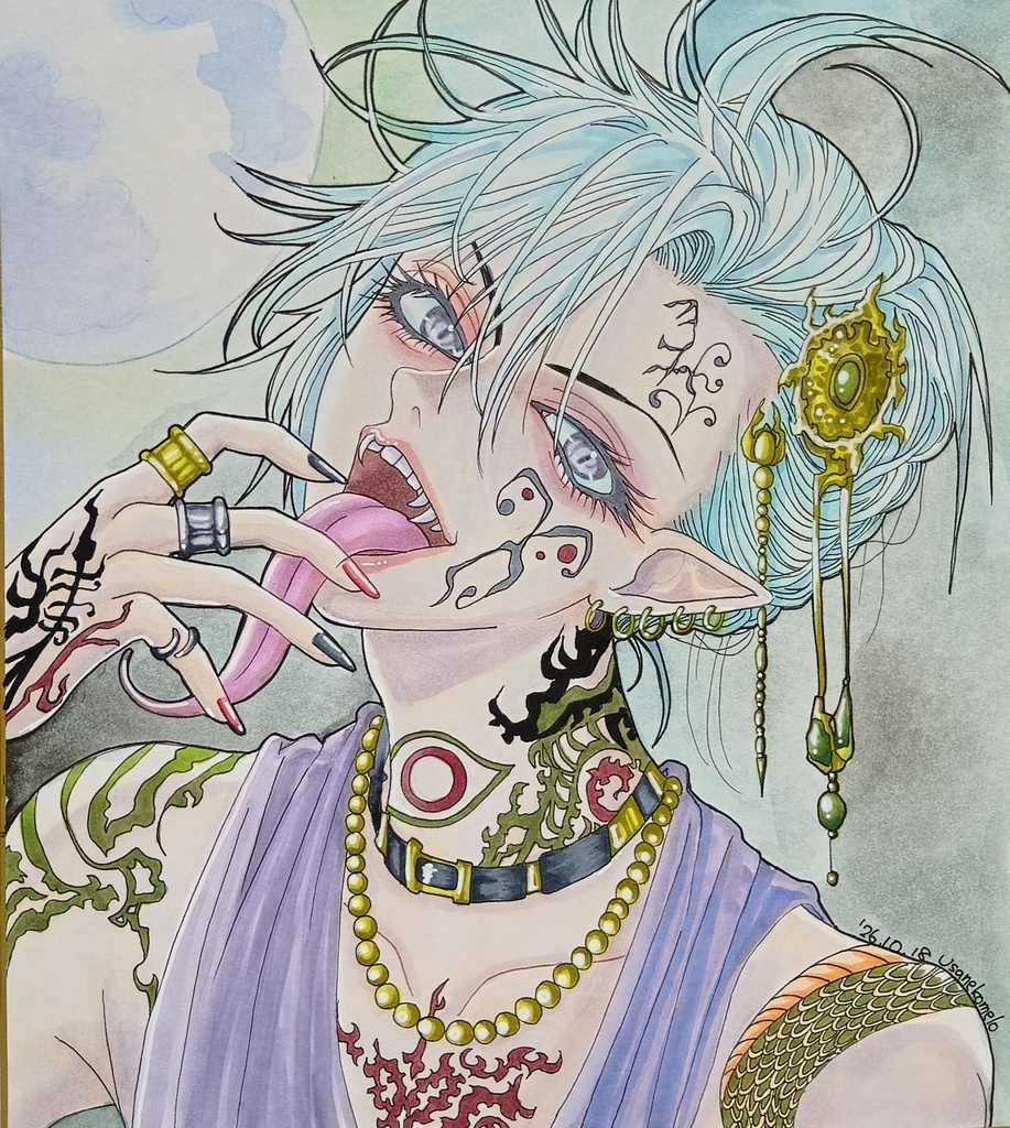 直筆アナログイラスト色紙　イカれ男