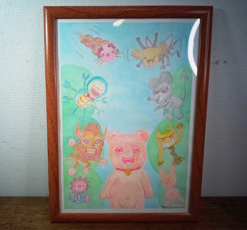 【イラスト生原稿】くまちゃんとゲスいバッタものたち【ホラー漫画家・神田森莉】サイン入り