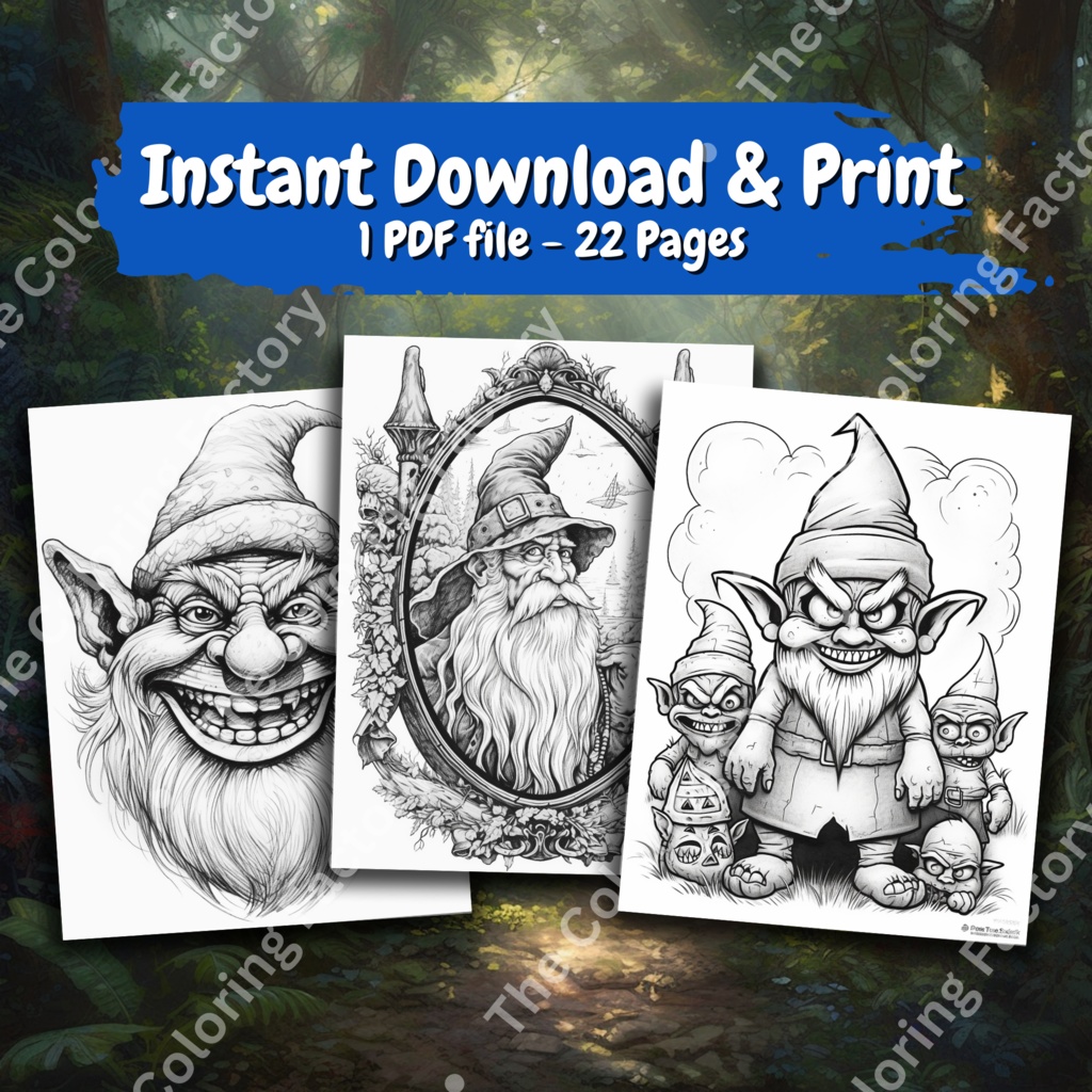 Evil Gnome Fun Adult Coloring Relaxation: 22 ページ (セット 1) | *インスタント PDF ダウンロード*