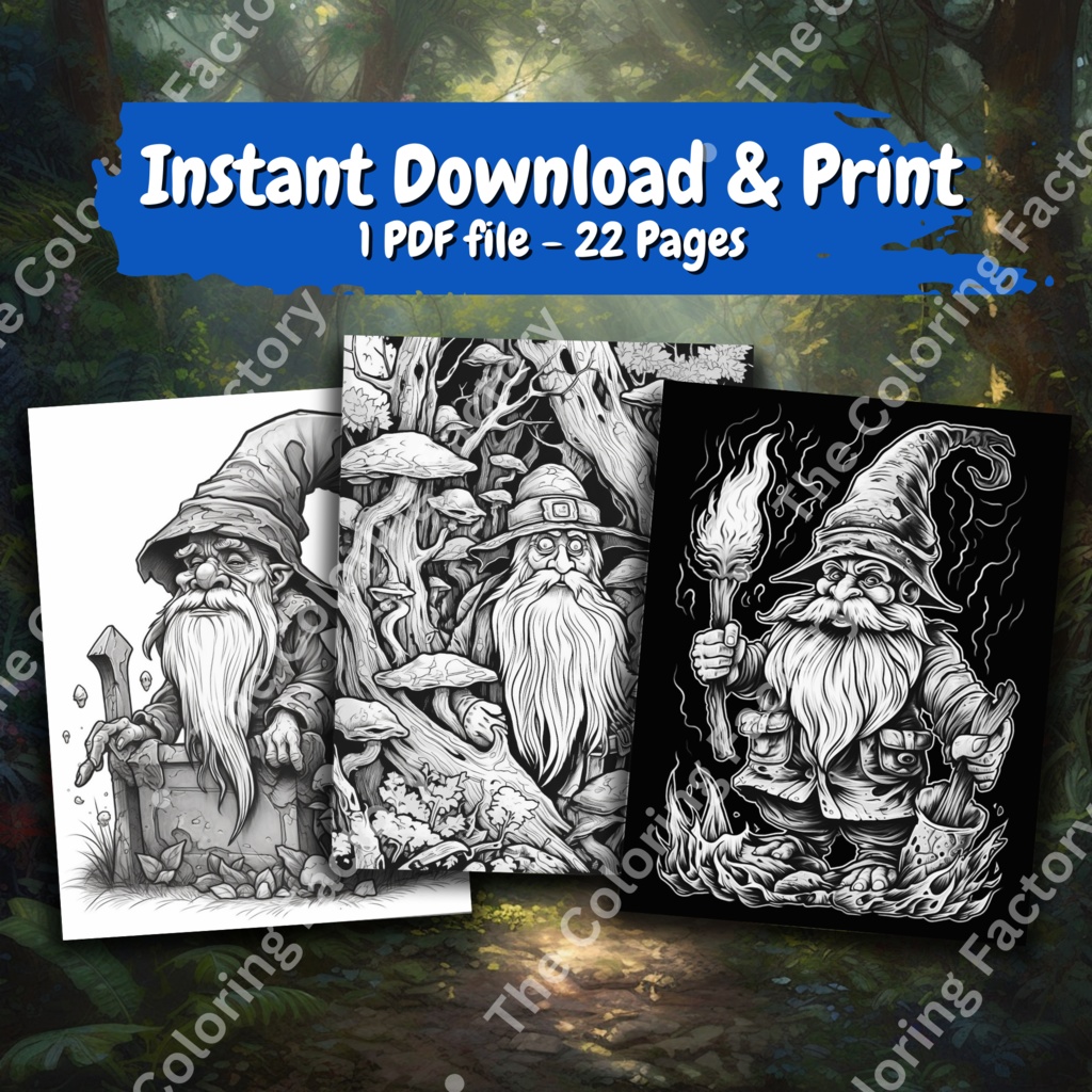Evil Gnome クールな大人のぬりえページ: 22 ページ (セット 3) | *インスタント PDF ダウンロード*
