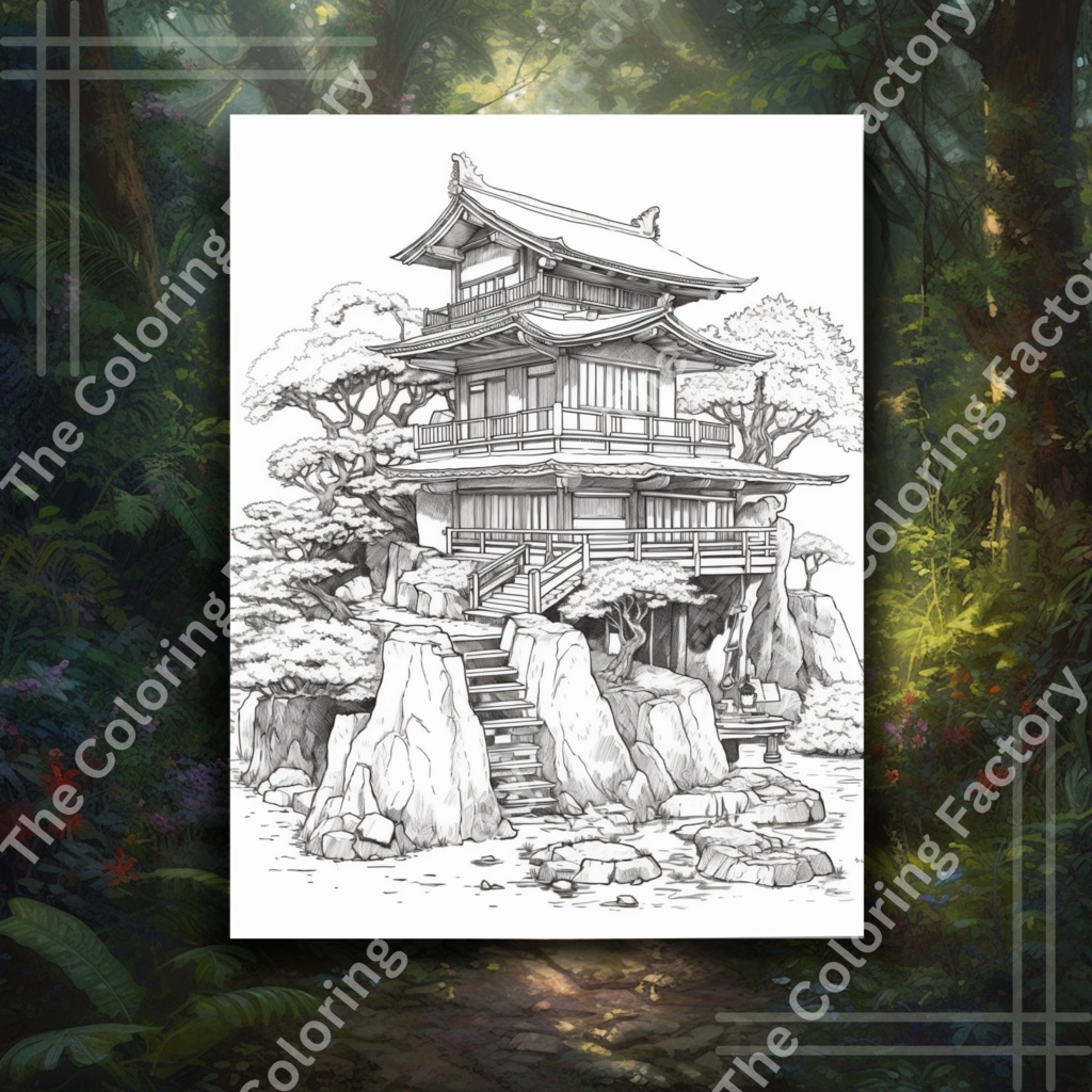 リラックスできる日本建築大人のぬりえ: 18 ページ | *インスタント PDF ダウンロード*