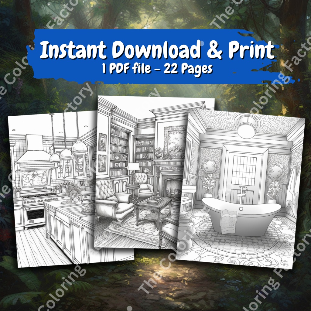 豪華なインテリア デザイン大人のぬりえ: 22 ページ |インスタントダウンロード