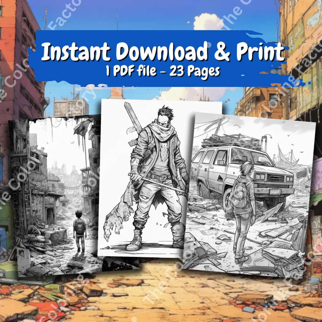 ポスト黙示録的な世界 大人の塗り絵 ストレス解消: 22 ページ |インスタントダウンロード